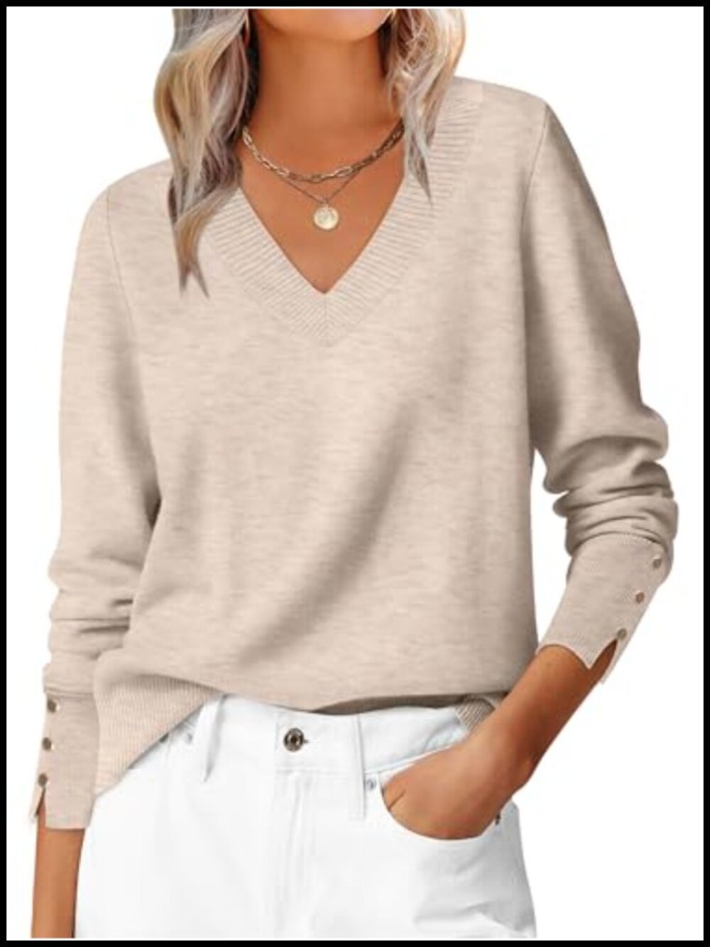 Lightweight Knit V-Neck Pullover Sweater Long Sleeve Ribbed Cuffs